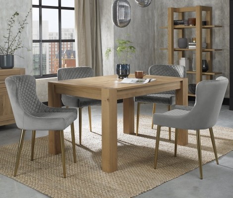 Turin - Light Oak - 4 to 6 Seater Rectangular Extending Dining Table & 4 Cezanne Grey Velvet Chairs - Gold Legs