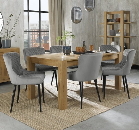 Turin Light Oak 6-8 Seater Table & 6 Cezanne Grey Velvet Chairs - Black Legs