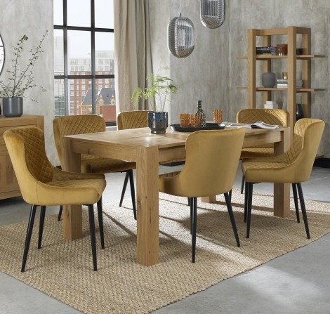 Turin Light Oak 6-8 Seater Table & 6 Cezanne Mustard Velvet Chairs - Black Legs
