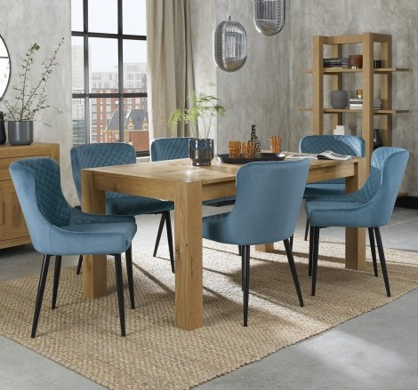 Turin Light Oak 6-8 Seater Table & 6 Cezanne Petrol Blue Velvet Chairs - Black Legs