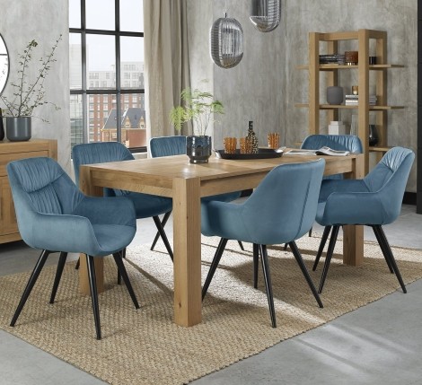 Turin Light Oak 6-8 Seater Table & 6 Dali Petrol Blue Velvet Chairs