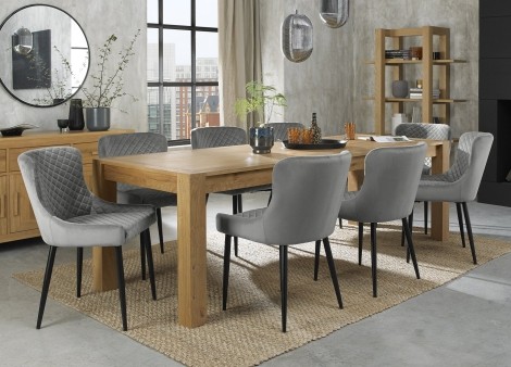 Turin Light Oak 6-10 Seater Table & 8 Cezanne Grey Velvet Chairs - Black Legs