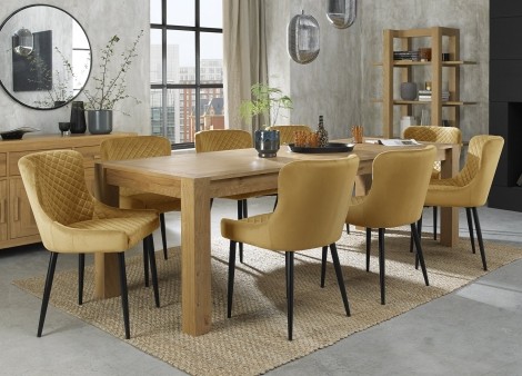 Turin Light Oak 6-10 Seater Table & 8 Cezanne Mustard Velvet Chairs - Black Legs