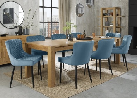 Turin Light Oak 6-10 Seater Table & 8 Cezanne Petrol Blue Velvet Chairs - Black Legs