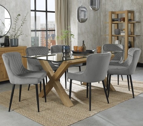 Turin - Light Oak Legs - Glass Top - 6 Seater Rectangular Dining Table & 6 Cezanne Grey Velvet Chairs - Black Legs