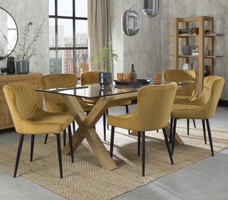 Turin - Light Oak Legs - Glass Top - 6 Seater Rectangular Dining Table & 6 Cezanne Mustard Velvet Chairs - Black Legs