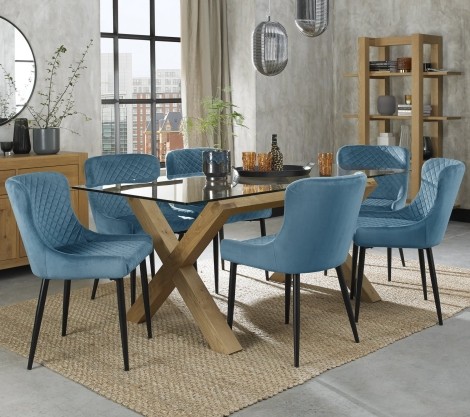 Turin Glass 6 Seater Table & 6 Cezanne Petrol Blue Velvet Chairs - Black Legs