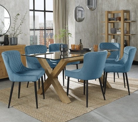 Turin - Light Oak Legs - Glass Top - 6 Seater Rectangular Dining Table & 6 Cezanne Petrol Blue Velvet Chairs - Black Legs