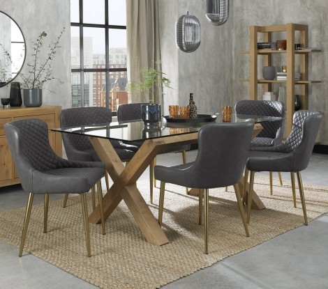 Turin - Light Oak Legs - Glass Top - 6 Seater Rectangular Dining Table & 6 Cezanne Dark Grey Faux Leather Chairs - Gold Legs