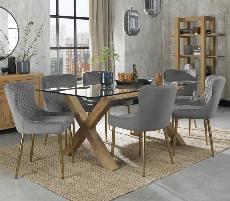 Turin - Light Oak Legs - Glass Top - 6 Seater Rectangular Dining Table & 6 Cezanne Grey Velvet Chairs - Gold Legs