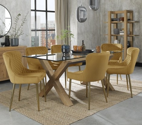 Turin - Light Oak Legs - Glass Top - 6 Seater Rectangular Dining Table & 6 Cezanne Mustard Velvet Chairs - Gold Legs