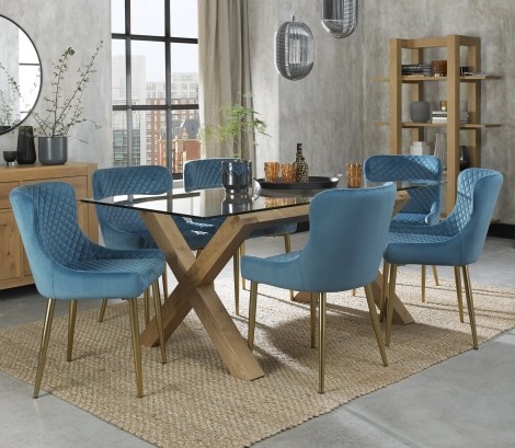 Turin - Light Oak Legs - Glass Top - 6 Seater Rectangular Dining Table & 6 Cezanne Petrol Blue Velvet Chairs - Gold Legs