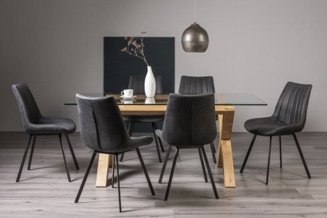 Turin - Light Oak Legs - Glass Top - 6 Seater Rectangular Dining Table & 6 Fontana Dark Grey Suede Fabric Chairs