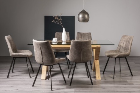 Turin - Light Oak Legs - Glass Top - 6 Seater Rectangular Dining Table & 6 Fontana Tan Faux Suede Fabric Chairs