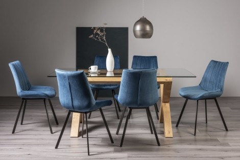 Turin - Light Oak Legs - Glass Top - 6 Seater Rectangular Dining Table & 6 Fontana Blue Velvet Chairs