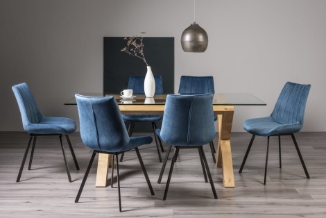 Turin Glass 6 Seater Table & 6 Fontana Blue Velvet Chairs