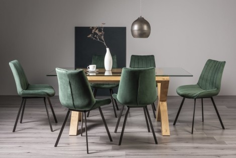 Turin - Light Oak Legs - Glass Top - 6 Seater Rectangular Dining Table & 6 Fontana Green Velvet Chairs