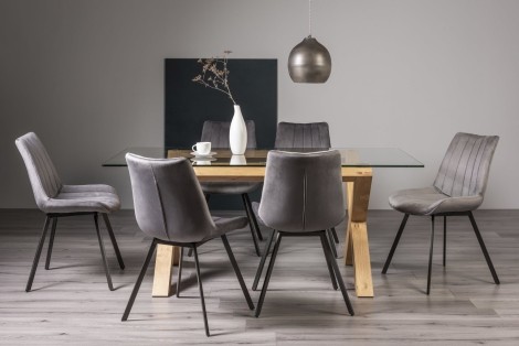 Turin - Light Oak Legs - Glass Top - 6 Seater Rectangular Dining Table & 6 Fontana Grey Velvet Chairs