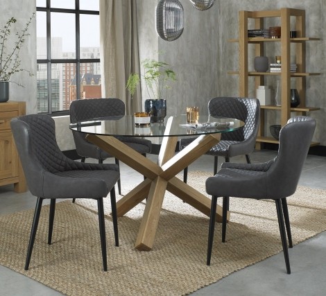 Turin - Light Oak - Round Glass 4 Seater Dining Table & 4 Cezanne Dark Grey Faux Leather Chairs - Black Legs