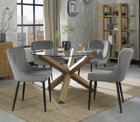 Turin - Light Oak - Round Glass 4 Seater Dining Table & 4 Cezanne Grey Velvet Chairs - Black Legs