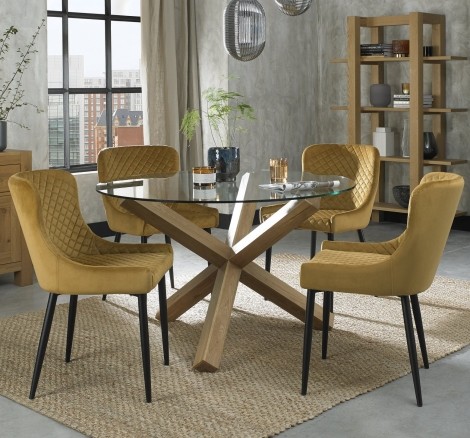 Turin - Light Oak - Round Glass 4 Seater Dining Table & 4 Cezanne Mustard Velvet Chairs - Black Legs