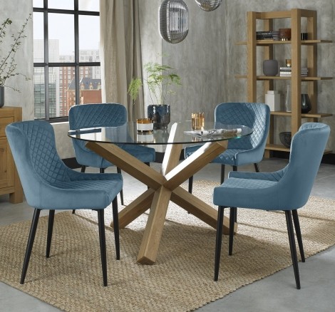 Turin - Light Oak - Round Glass 4 Seater Dining Table & 4 Cezanne Petrol Blue Velvet Chairs - Black Legs