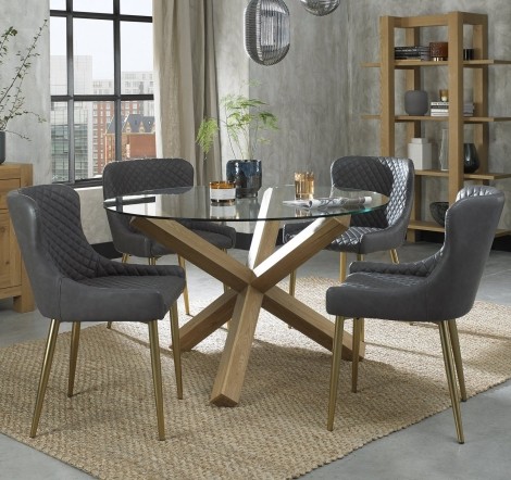 Turin - Light Oak - Round Glass 4 Seater Dining Table & 4 Cezanne Dark Grey Faux Leather Chairs - Gold Legs