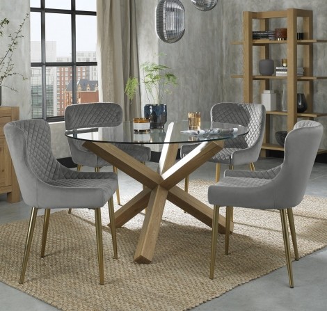 Turin - Light Oak - Round Glass 4 Seater Dining Table & 4 Cezanne Grey Velvet Chairs - Gold Legs