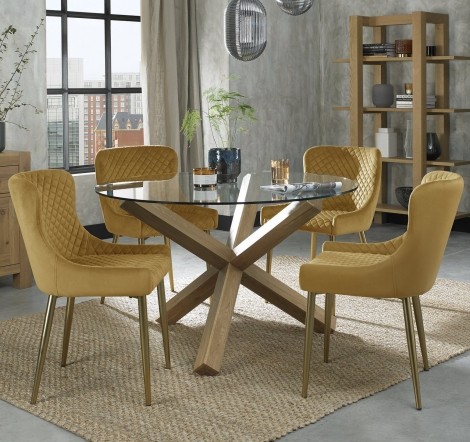 Turin - Light Oak - Round Glass 4 Seater Dining Table & 4 Cezanne Mustard Velvet Chairs - Gold Legs