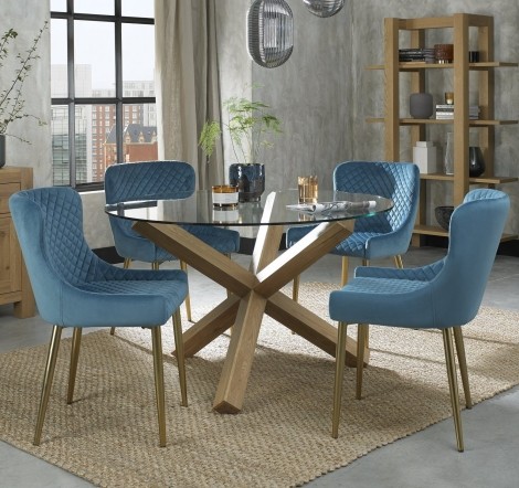 Turin - Light Oak - Round Glass 4 Seater Dining Table & 4 Cezanne Petrol Blue Velvet Chairs - Gold Legs