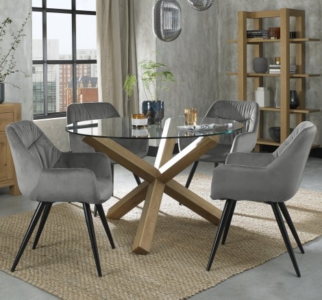 Turin - Light Oak - Round Glass 4 Seater Dining Table & 4 Dali Grey Velvet Chairs