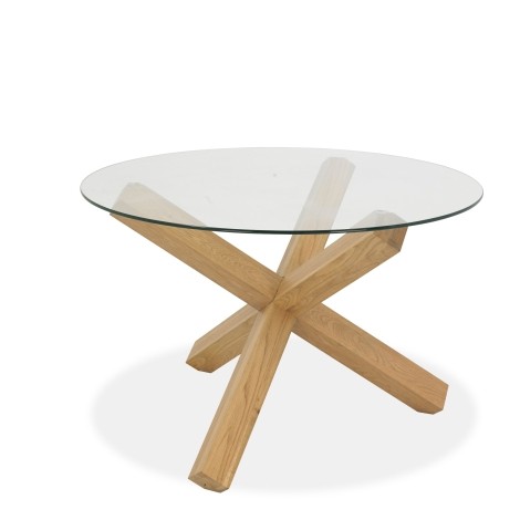 Turin - Light Oak - 4 Seater Round Dining Table - Glass Top - X Leg Base - Oiled Finish