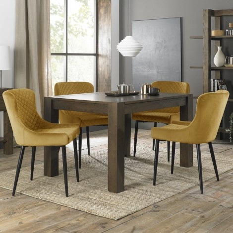 Turin - Dark Oak - Rectangle 4 to 6  Seater Extending Dining Table & 4 Cezanne Mustard Velvet Chairs - Black Legs