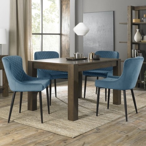 Turin - Dark Oak - Rectangle 4 to 6  Seater Extending Dining Table & 4 Cezanne Petrol Blue Velvet Chairs - Black Legs