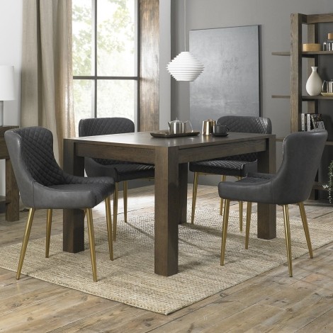 Turin - Dark Oak - Rectangle 4 to 6  Seater Extending Dining Table & 4 Cezanne Dark Grey Faux Leather Chairs - Gold Legs