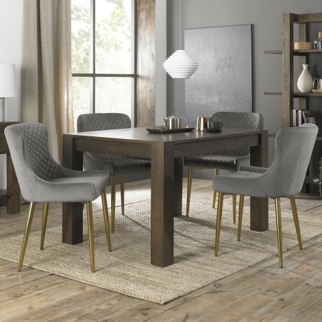 Turin - Dark Oak - Rectangle 4 to 6  Seater Extending Dining Table & 4 Cezanne Grey Velvet Chairs - Gold Legs