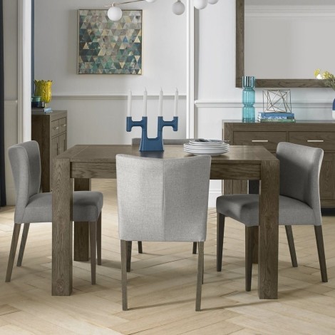 Turin Dark Oak 4-6 Seater Table & 4 Low Back Upholstered Chairs in Pebble Grey Fabric