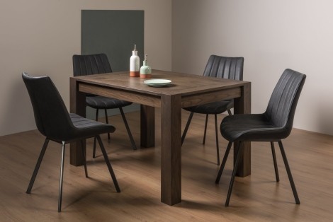 Turin - Dark Oak - Rectangle 4 to 6  Seater Extending Dining Table & 4 Fontana Dark Grey Faux Suede Fabric Chairs