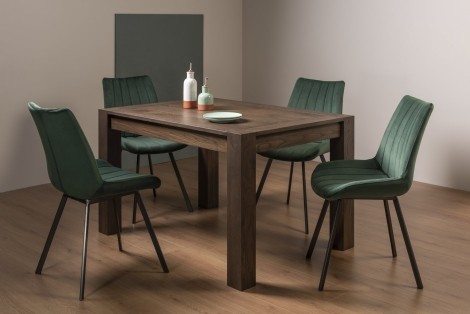 Turin - Dark Oak - Rectangle 4 to 6  Seater Extending Dining Table & 4 Fontana Green Velvet Chairs