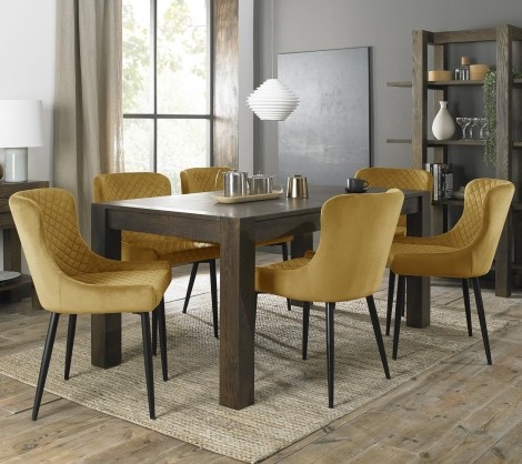 Turin Dark Oak 6-8 Seater Table & 6 Cezanne Mustard Velvet Chairs - Black Legs