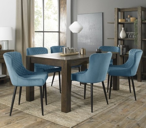 Turin Dark Oak 6-8 Seater Table & 6 Cezanne Petrol Blue Velvet Chairs - Black Legs