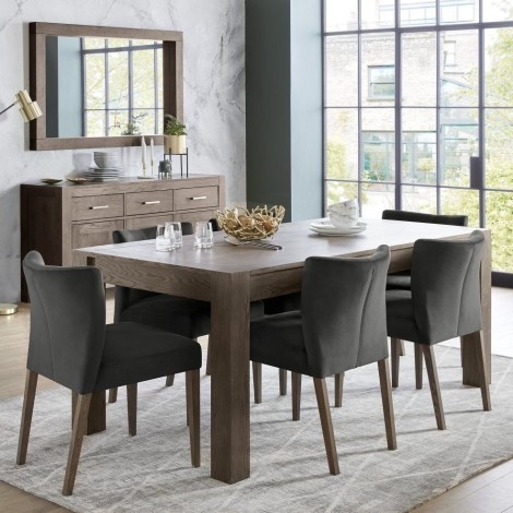 Turin Dark Oak 6-8 Seater Table & 6 Low Back Upholstered Chairs in Gun Metal Velvet