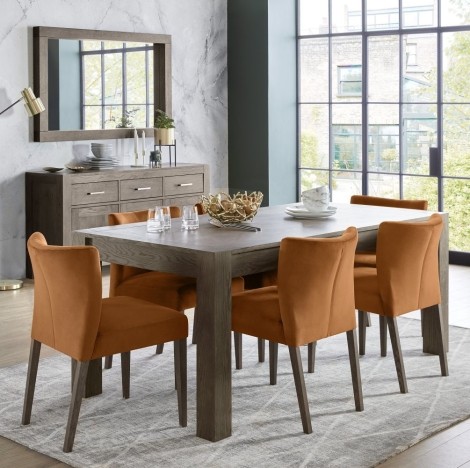 Turin Dark Oak 6-8 Seater Table & 6 Low Back Chairs in Harvest Pumpkin Velvet