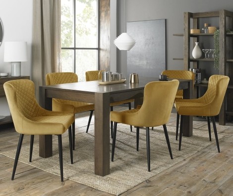 Turin Dark Oak 6-10 Seater Table & 8 Cezanne Mustard Velvet Chairs - Black Legs