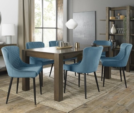 Turin - Dark Oak - Rectangular 6 to 10 Seater Extending Dining Table & 8 Cezanne Blue Velvet Chairs - Black Legs