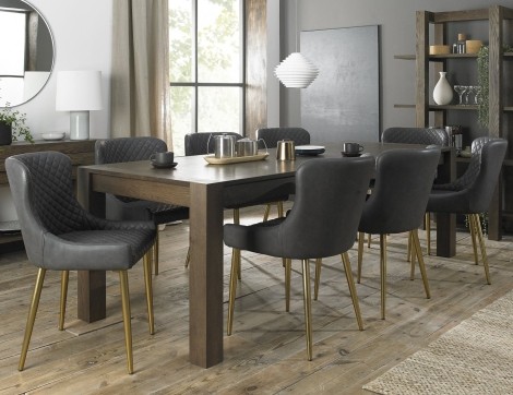 Turin - Dark Oak - Rectangular 6 to 10 Seater Extending Dining Table & 8 Cezanne Dark Grey Faux Leather Chairs - Gold Legs