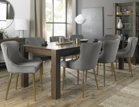 Turin - Dark Oak - Rectangular 6 to 10 Seater Extending Dining Table & 8 Cezanne Grey Velvet Chairs - Gold Legs