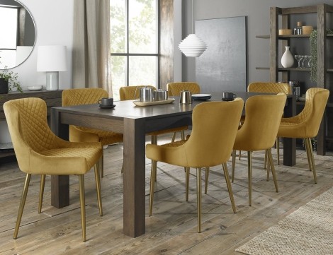 Turin - Dark Oak - Rectangular 6 to 10 Seater Extending Dining Table & 8 Cezanne Mustard Velvet Chairs - Gold Legs