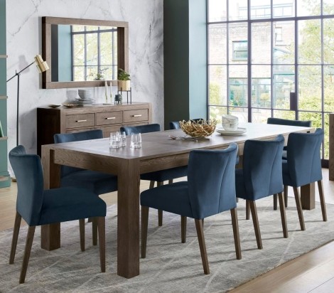 Turin Dark Oak 6-10 Seater Table & 8 Low Back Chairs in Dark Blue Velvet