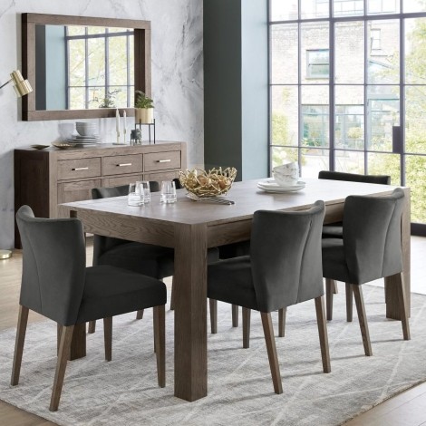 Turin Dark Oak 6-10 Seater Table & 6 Low Back Chairs in Gun Metal Velvet
